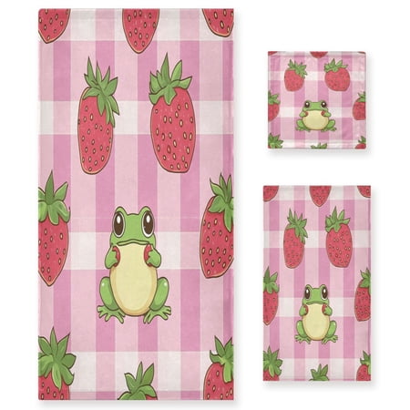 WOBOGO Strawberry Frog Pattern Ultra Soft 3 Pack Cotton Towel Set Includes 60 x 30in Bath Towel 28 x 16in Face Towel and 13 x 13in Small Square Towel for Everyday Use Lightweight and Compact