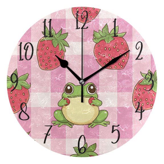 WOBOGO Strawberry Frog Pattern Wall Clock 10in Silent Mechanism Battery Operated Retro Style for Living Room Bedroom and Kitchen Black Pointer