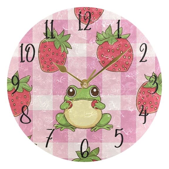 WOBOGO Strawberry Frog Pattern Wall Clock 10in Silent Mechanism Battery Operated Retro Style for Living Room Bedroom and Kitchen Gold Pointer