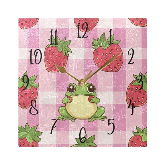 WOBOGO Strawberry Frog Pattern Wall Clock 7.78 Inch Battery Operated Silent Unit Square Rustic Vintage Style for Home Bedroom Office Gold Pointer