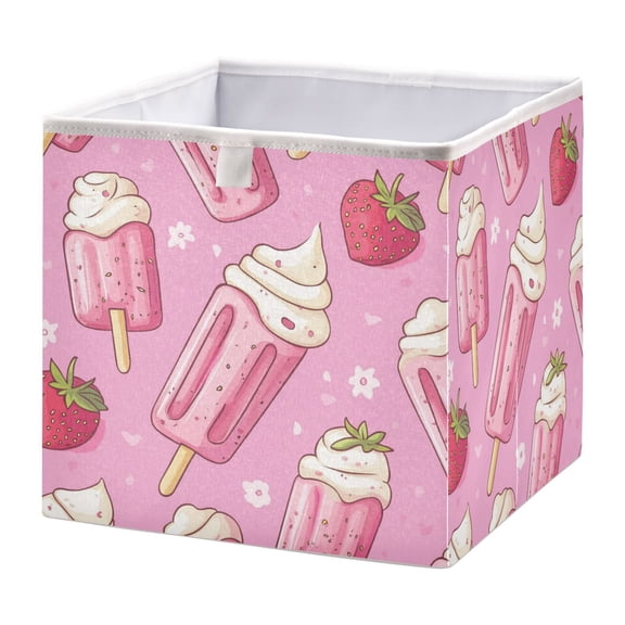 WOBOGO Strawberry Ice Cream Pattern Storage Basket Foldable Easy to Clean Durable with Hollow Support Plate with Handle 15.75×10.63×6.96 in