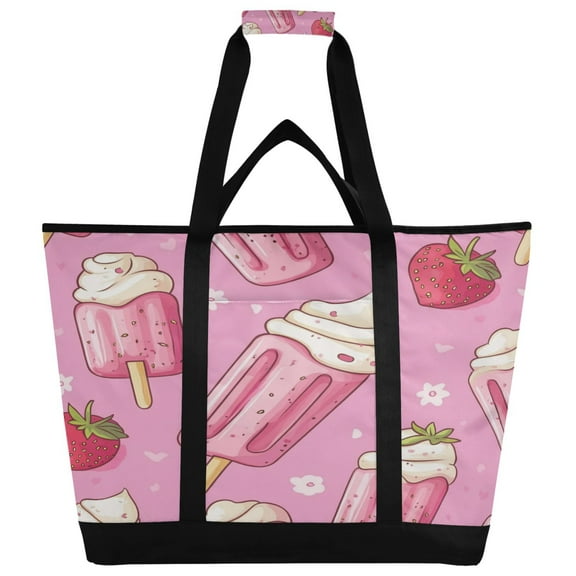 WOBOGO Strawberry Ice Cream Pattern Tote Cooler Bag Fold Flat Insulated Shopping Bag With Zipper For Work Picnic Beach Use 186.724in
