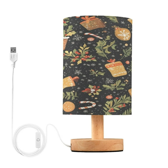 WOBOGO Stylized Gingerbread Cookies Candy Canes Pattern Bedroom Table Lamp USB Power Connector Wooden Base Round Linen Shade For Living Room Desk