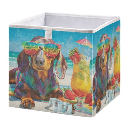 WOBOGO Summer Dachshund Storage Basket Foldable Easy to Clean Durable with Hollow Support Plate with Handle 11.02×11.02×11.02 in