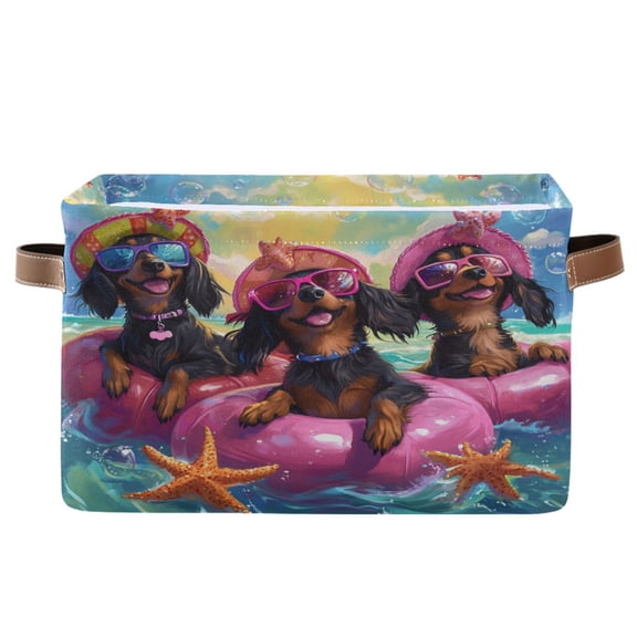 WOBOGO Summer Dachshunds Square Storage Basket with Waterproof Canvas and PE Lining Durable PU Leather Handles 14.2×10.2×8.3in