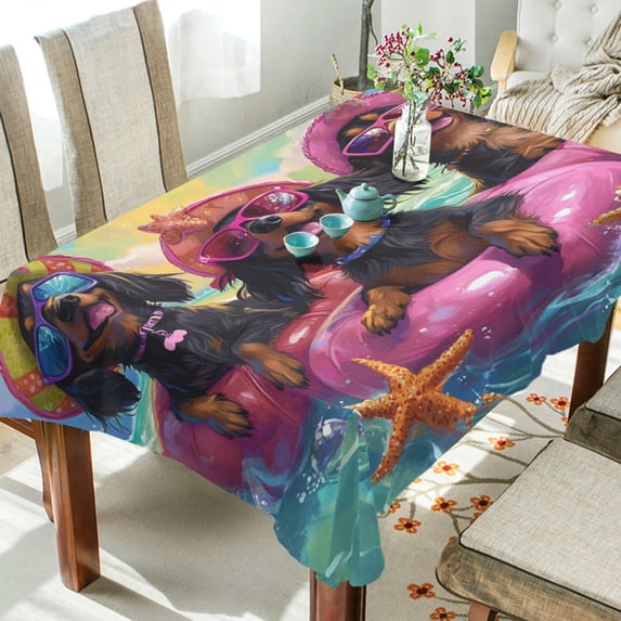 WOBOGO Summer Dachshunds Square Tablecloth 54×54in Polyester Fabric Tablecloth Washable Dust Resistant Wrinkle Resistant