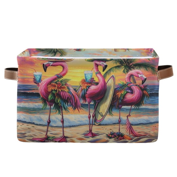 WOBOGO Summer Flamingo Square Storage Basket with Waterproof Canvas and PE Lining Durable PU Leather Handles 14.2×10.2×8.3in