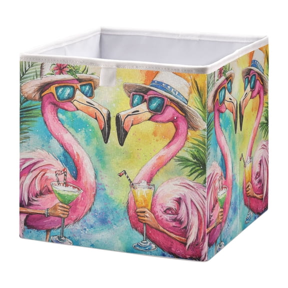 WOBOGO Summer Flamingos Storage Basket Foldable Easy to Clean Durable with Hollow Support Plate with Handle 11.02×11.02×11.02 in
