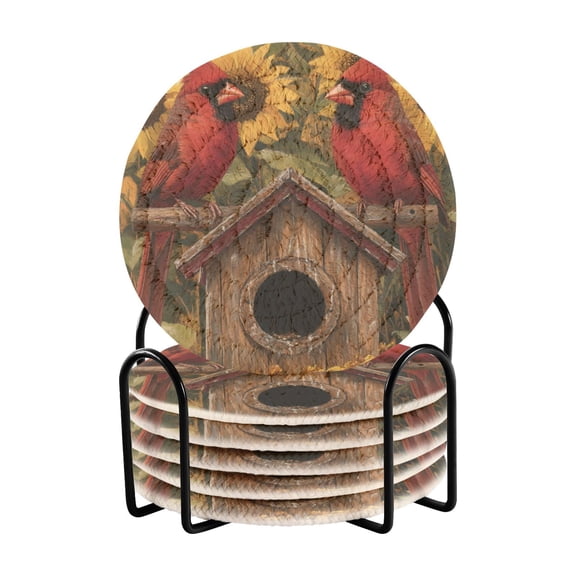 WOBOGO Summer Sunflowers Cardinal Bird Coil Coasters Set of 6 Minimalist Cotton Woven 3.94 inch Non-Slip Insulated and Absorbent Home Accessories.