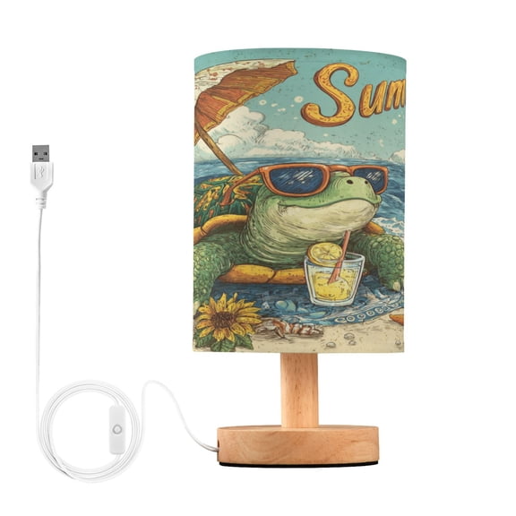 WOBOGO Summer Turtle Bedroom Table Lamp USB Power Connector Wooden Base Round Linen Shade For Living Room Desk