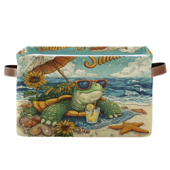 WOBOGO Summer Turtle Square Storage Basket with Waterproof Canvas and PE Lining Durable PU Leather Handles 14.2×10.2×8.3in