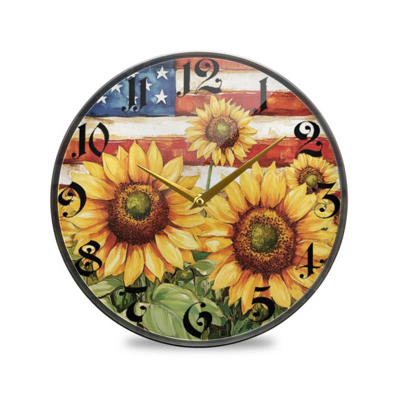 WOBOGO Sunflower American Flag Acrylic Wall Clock Battery Operated 9.5in Silent No Tick Bedroom Living Room Office Classroom Decoration