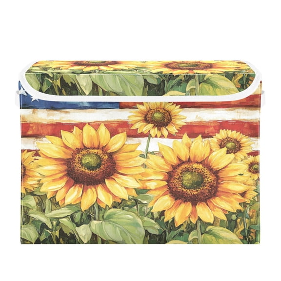 WOBOGO Sunflower American Flag Large Collapsible Storage Box Flip Lid Fabric Decorative Organizer Container Basket with Handles 16.512.611.8in