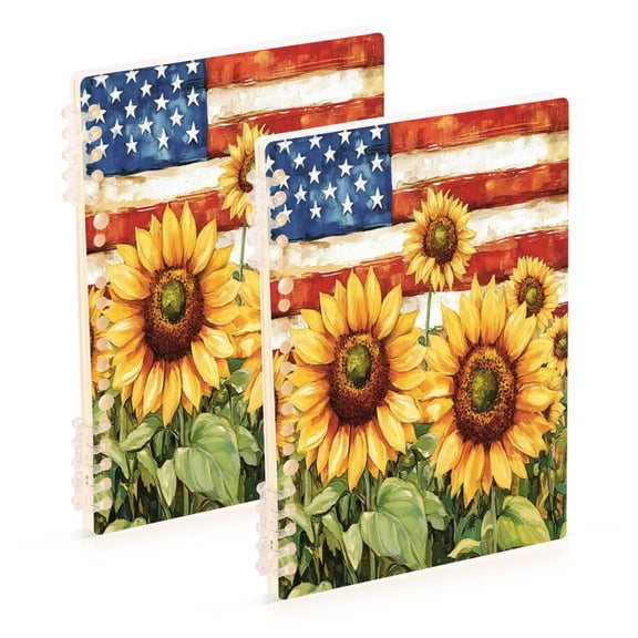 WOBOGO Sunflower American Flag Notebook College Horizontal Grid Paper Ink Spill Resistant Water Resistant Cover 8.3x5.7x0.4in
