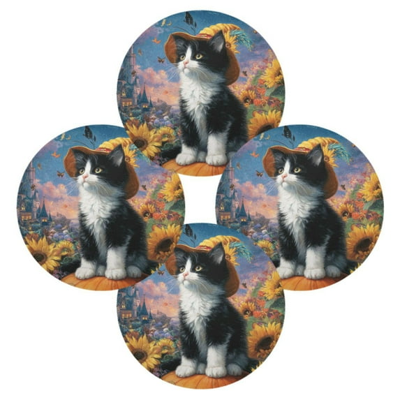WOBOGO Sunflower Black Cat Round Placemats Set of 4 Heat Resistant Washable Kitchen Table Decorations 15.4in