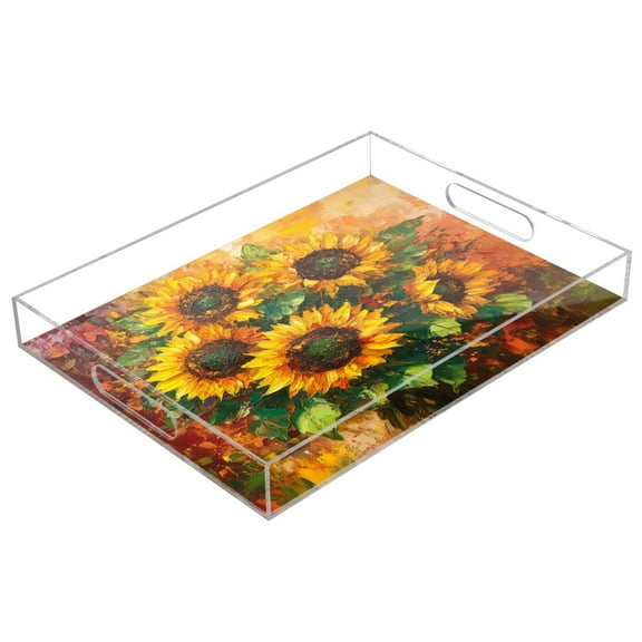 WOBOGO Sunflower Bouquet Acrylic Serving Trays 15.7x11.8 Inch Spill Proof Clear Decorative Organizer with Handle