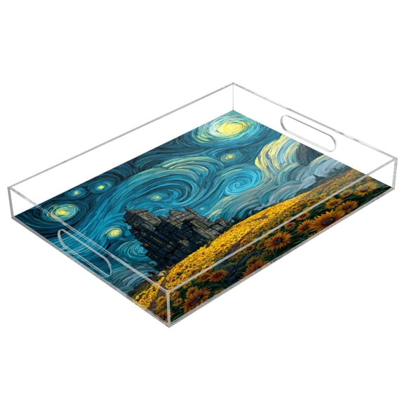 WOBOGO Sunflower Field Acrylic Serving Trays 15.7x11.8 Inch Spill Proof Clear Decorative Organizer with Handle