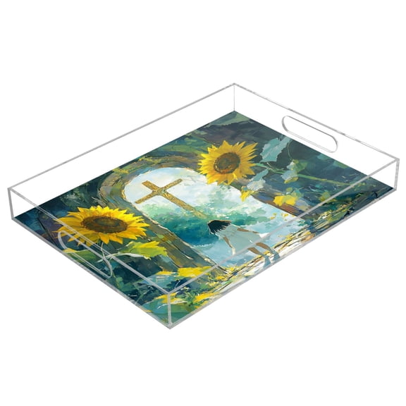 WOBOGO Sunflower Gate Acrylic Serving Trays 15.7x11.8 Inch Spill Proof Clear Decorative Organizer with Handle