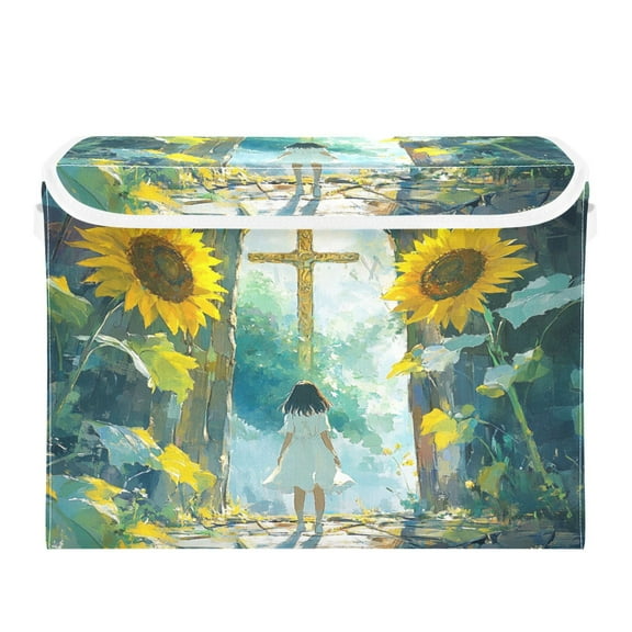 WOBOGO Sunflower Gate Large Collapsible Storage Box Flip Lid Fabric Decorative Organizer Container Basket with Handles 16.512.611.8in