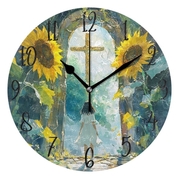WOBOGO Sunflower Gate Wall Clock 10in Silent Mechanism Battery Operated Retro Style for Living Room Bedroom and Kitchen Black Pointer