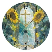 WOBOGO Sunflower Gate Wall Clock 10in Silent Mechanism Battery Operated Retro Style for Living Room Bedroom and Kitchen Gold Pointer