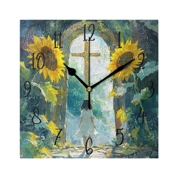 WOBOGO Sunflower Gate Wall Clock 7.78 Inch Battery Operated Silent Unit Square Rustic Vintage Style for Home Bedroom Office Black Pointer