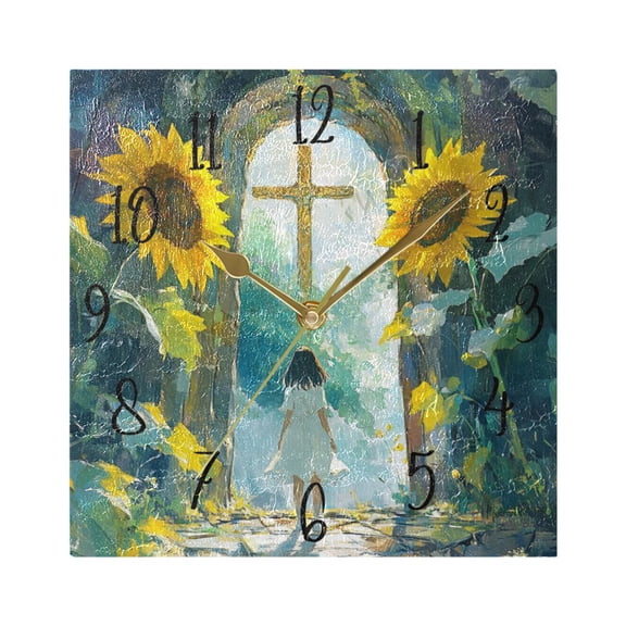 WOBOGO Sunflower Gate Wall Clock 7.78 Inch Battery Operated Silent Unit Square Rustic Vintage Style for Home Bedroom Office Gold Pointer
