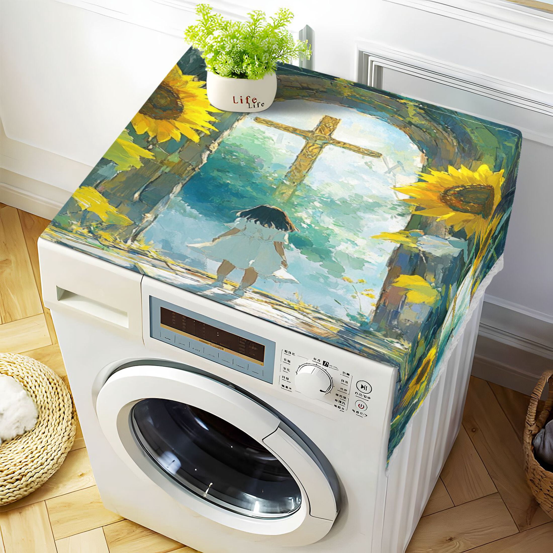 WOBOGO Sunflower Gate Washing Machine Cloth Dryer Refrigerator Top Cover Protective Non-Slip Mat For Kitchen Laundry