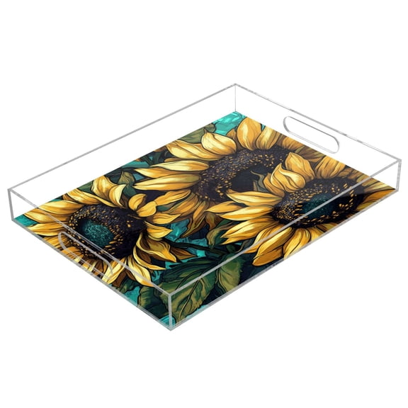 WOBOGO Sunflower Graffiti Art Acrylic Serving Trays 15.7x11.8 Inch Spill Proof Clear Decorative Organizer with Handle