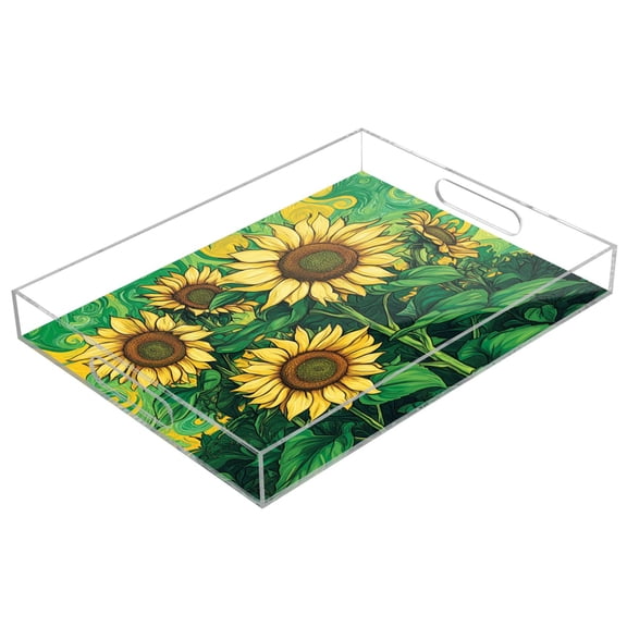WOBOGO Sunflower Green Background Acrylic Serving Trays 15.7x11.8 Inch Spill Proof Clear Decorative Organizer with Handle
