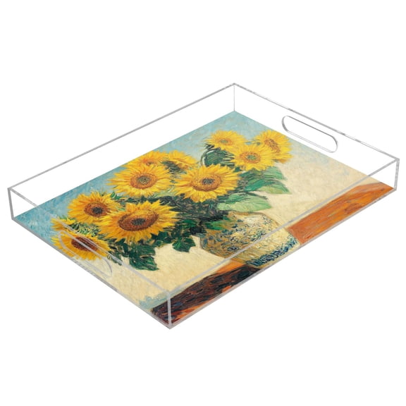 WOBOGO Sunflower Potted Plant Acrylic Serving Trays 15.7x11.8 Inch Spill Proof Clear Decorative Organizer with Handle