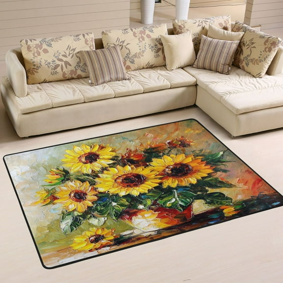 WOBOGO Sunflowers Oil Paintings Carpet Non-Slip Rugs Soft Doormat 36×24in Living Dining Room Bedroom Decorative