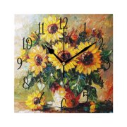 WOBOGO Sunflowers Oil Paintings Wall Clock 7.78 Inch Battery Operated Silent Unit Square Rustic Vintage Style for Home Bedroom Office Black Pointer
