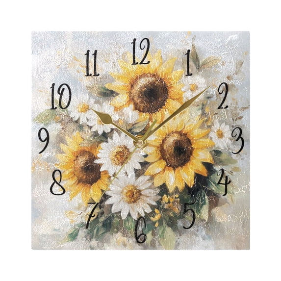 WOBOGO Sunflowers and Daisies Wall Clock 7.78 Inch Battery Operated Silent Unit Square Rustic Vintage Style for Home Bedroom Office Gold Pointer