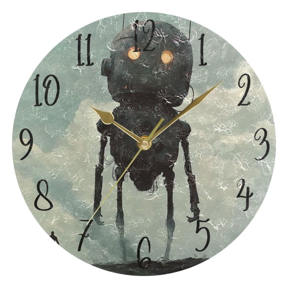WOBOGO Tall Digital Robot Wall Clock 10in Silent Mechanism Battery Operated Retro Style for Living Room Bedroom and Kitchen Gold Pointer