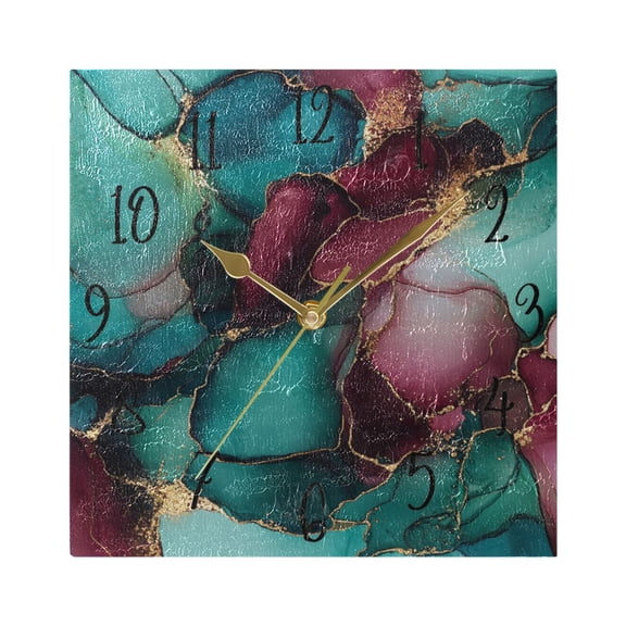 WOBOGO Teal and Burgundy Gilt Pattern Wall Clock 7.78 Inch Battery Operated Silent Unit Square Rustic Vintage Style for Home Bedroom Office Gold Pointer