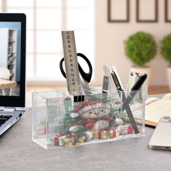WOBOGO Teddy Bear Gifts Acrylic Pen Holder 4 Compartments Clear Pencil Organizer Makeup Brush Storage Case