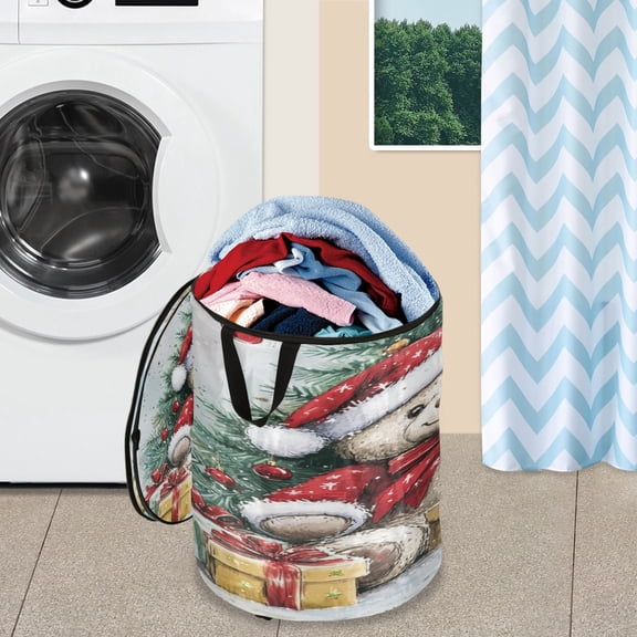 WOBOGO Teddy Bear Gifts Foldable Laundry Baskets with Carry Handle Zipper Closure Travel Bathroom College Dorm Essentials