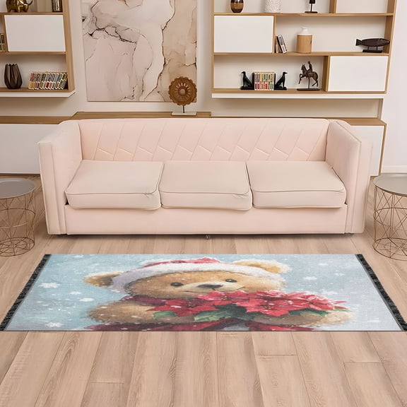 WOBOGO Teddy Bear Holding Flowers Bedside Long Rug Delicate and Soft Modern Indoor Area Decor Non Slip Carpet for Bed Room Corridor Entrance Balcony