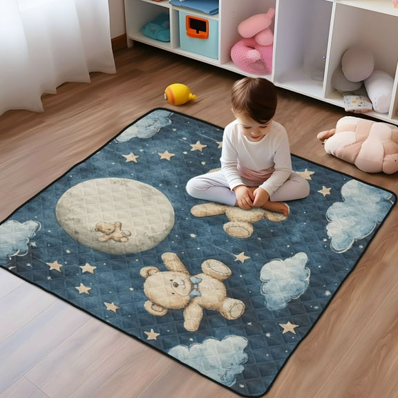 WOBOGO Teddy Bear Night Sky Pattern Baby Playmats Extra Large Waterproof Rollable Activity Pads for Toddlers 50×50inch