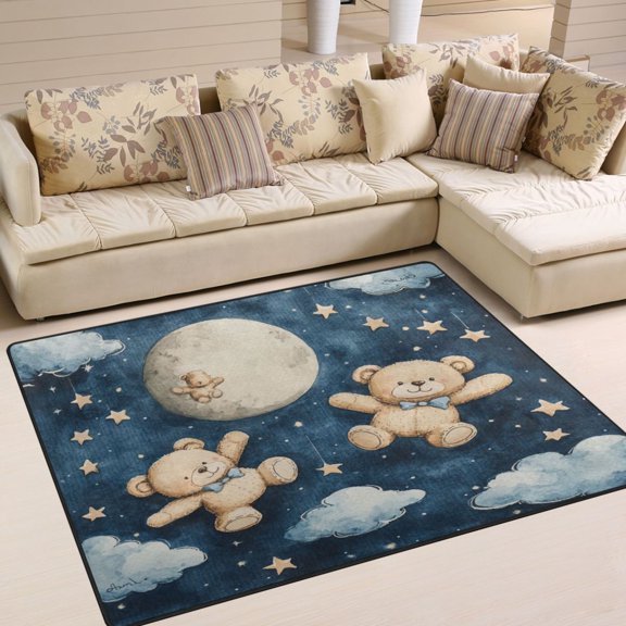 WOBOGO Teddy Bear Night Sky Pattern Carpet Non-Slip Rugs Soft Doormat 63×48in Living Dining Room Bedroom Decorative