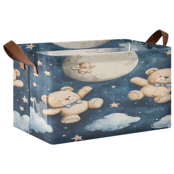 WOBOGO Teddy Bear Night Sky Pattern Storage Basket 16.9×11.4×10in Collapsible Oversized with Metal Iron Frame Set of 1