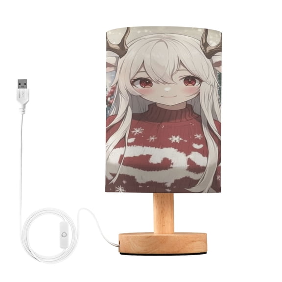 WOBOGO The Antler Lass Bedroom Table Lamp USB Power Connector Wooden Base Round Linen Shade For Living Room Desk