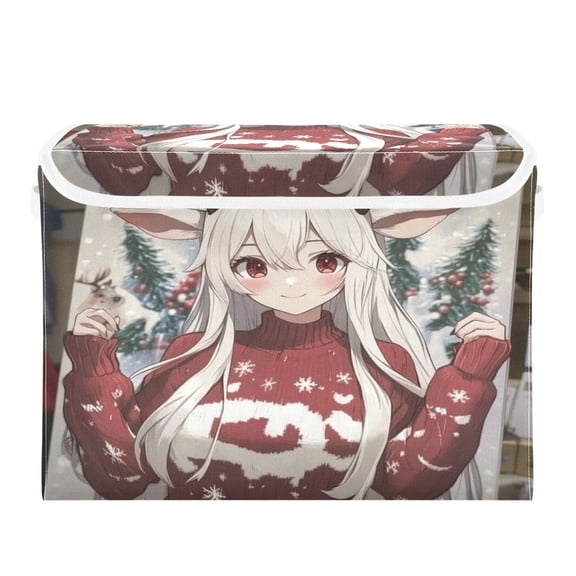 WOBOGO The Antler Lass Large Collapsible Storage Box Flip Lid Fabric Decorative Organizer Container Basket with Handles 16.512.611.8in