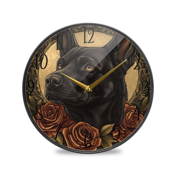 WOBOGO The Black Dog with Red Rose Acrylic Wall Clock Battery Operated 11.9in Silent No Tick Bedroom Living Room Office Classroom Decoration