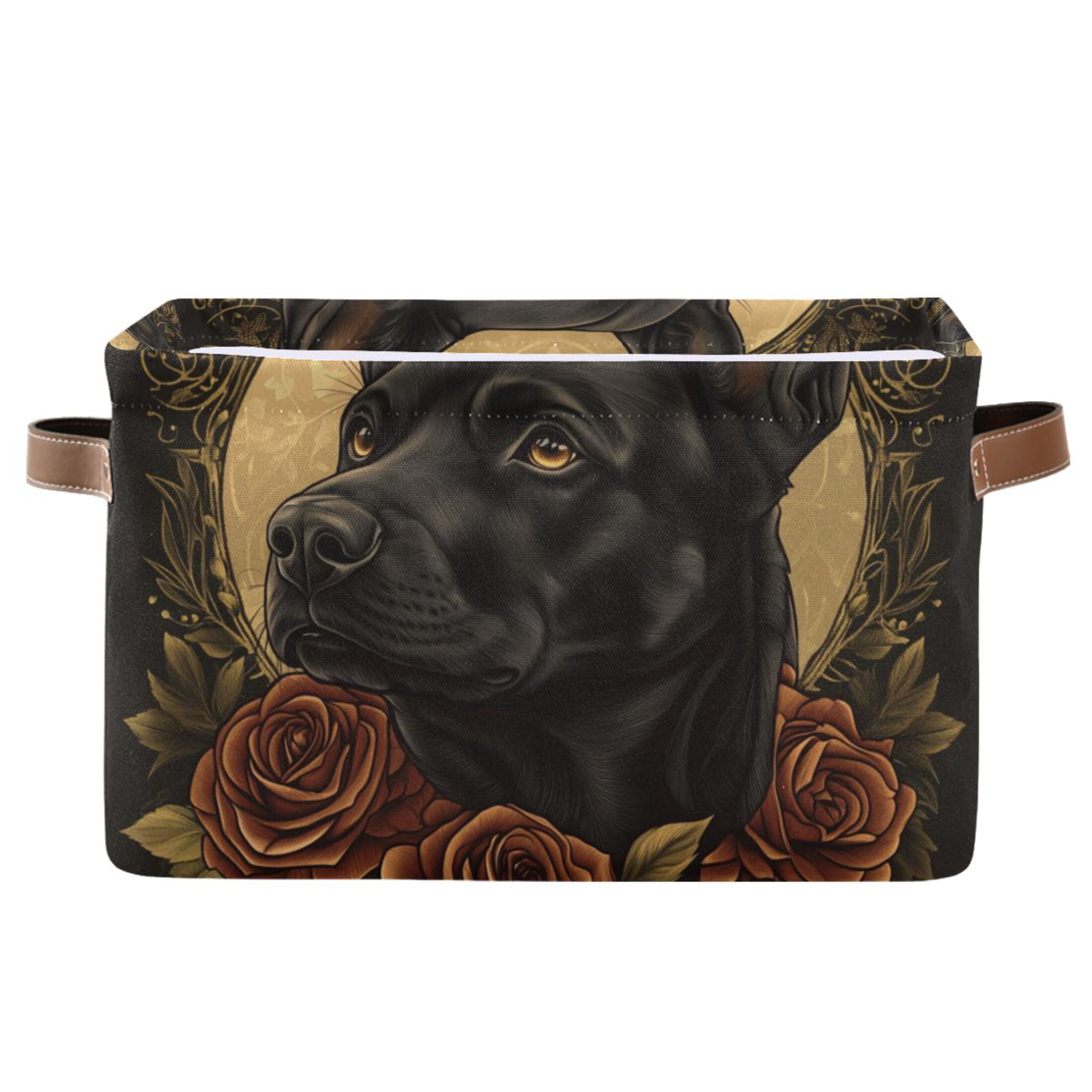 WOBOGO The Black Dog with Red Rose Square Storage Basket with Waterproof Canvas and PE Lining Durable PU Leather Handles 14.2×10.2×8.3in