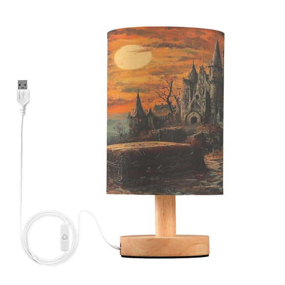 WOBOGO The Coffin Of The Vampire Count Bedroom Table Lamp USB Power Connector Wooden Base Round Linen Shade For Living Room Desk