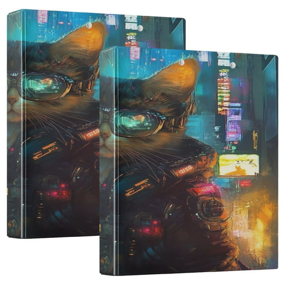 WOBOGO The Cyberpunk Cat File Folders Extra Large Capacity to Hold 200 Sheets of Documents Hard Shell Ring Binder for School Home Office