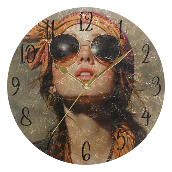 WOBOGO The Hippie Artist Wall Clock 10in Silent Mechanism Battery Operated Retro Style for Living Room Bedroom and Kitchen Gold Pointer