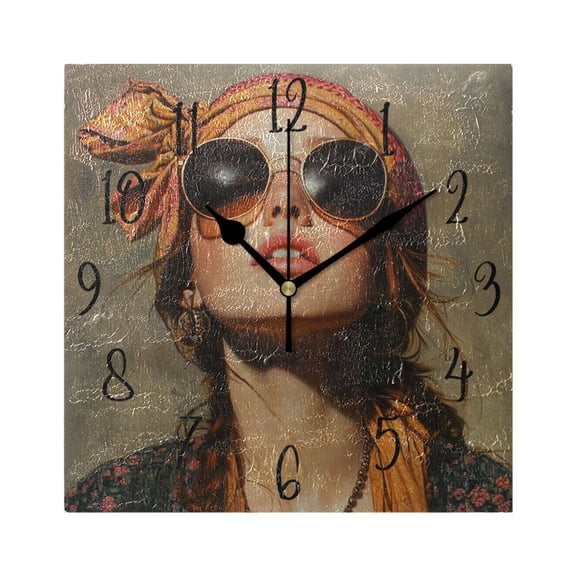 WOBOGO The Hippie Artist Wall Clock 7.78 Inch Battery Operated Silent Unit Square Rustic Vintage Style for Home Bedroom Office Black Pointer